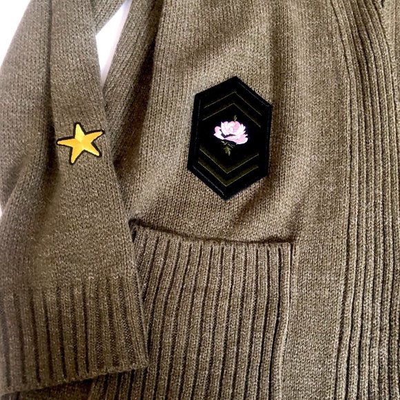 Libby Edelman Cardigan Green Open Front Pockets Applique Knit Sweater SMALL - Picture 10 of 11